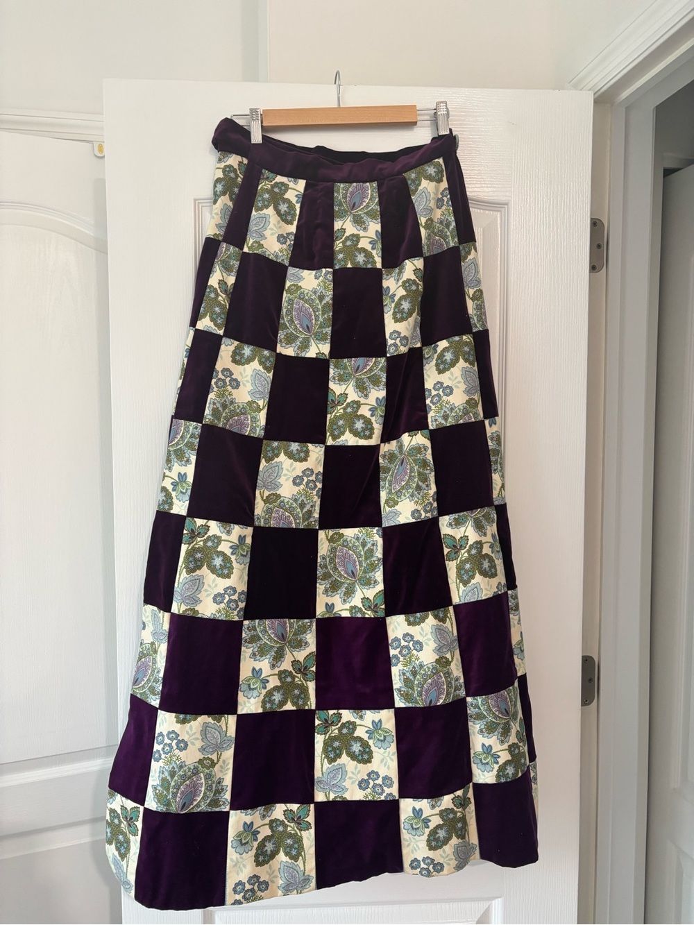 Vintage Patchwork Maxi Skirt with Floral Corduroy and Purple Velvet Panels